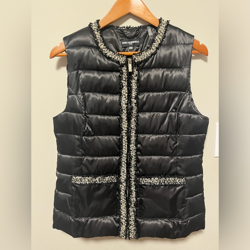 Karl Lagerfeld Black Tweed Trim Puffer Vest size S